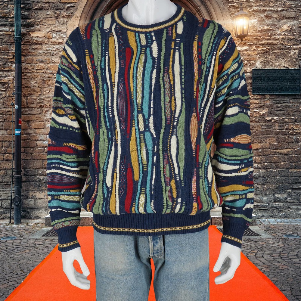 Alfani Multicolor Striped Textured Crewneck Sweater - Navy, Green, Red, Yellow
